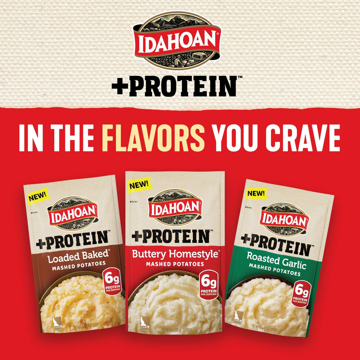 Idahoan Buttery Homestyle +Protein Mashed Potatoes — 6g Protein per Serving, Gluten-Free, Real Idaho Potatoes, Pack of 10