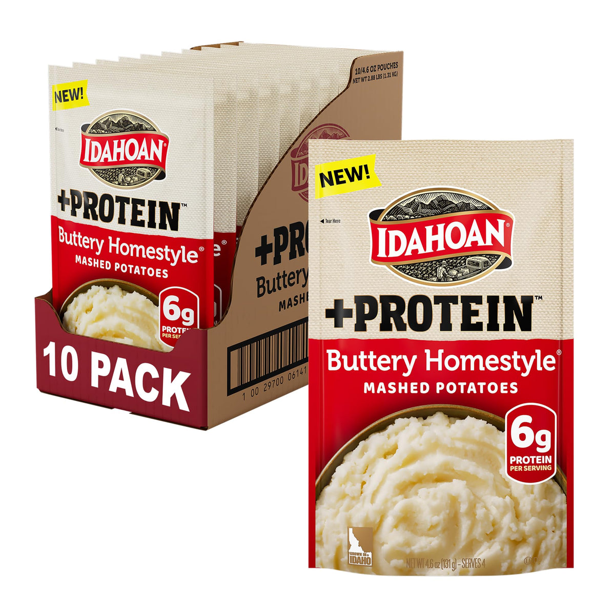 Idahoan Buttery Homestyle +Protein Mashed Potatoes — 6g Protein per Serving, Gluten-Free, Real Idaho Potatoes, Pack of 10