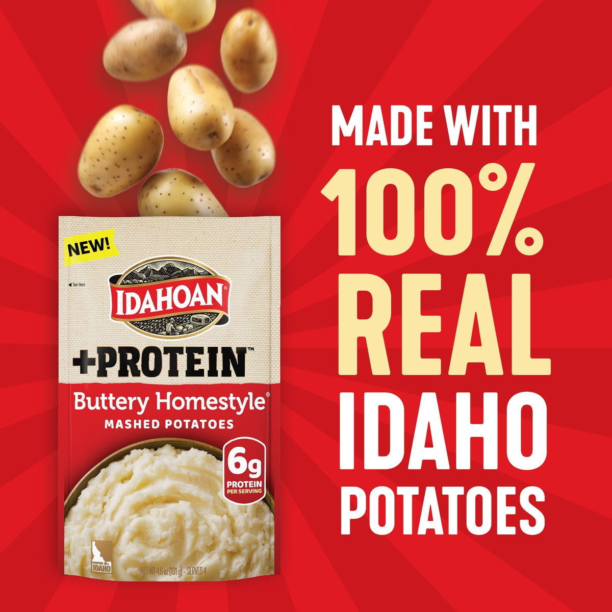 Idahoan Buttery Homestyle +Protein Mashed Potatoes — 6g Protein per Serving, Gluten-Free, Real Idaho Potatoes, Pack of 10