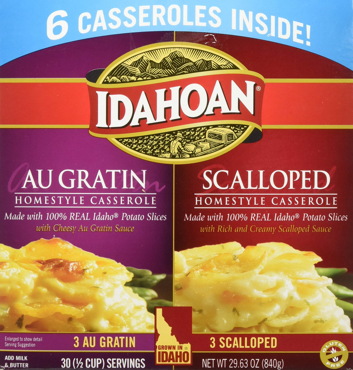 Idahoan Au Gratin & Scalloped Homestyle Casserole Potatoes — Gluten-Free Real Idaho Potatoes, 6-Box Combo (30 Servings)