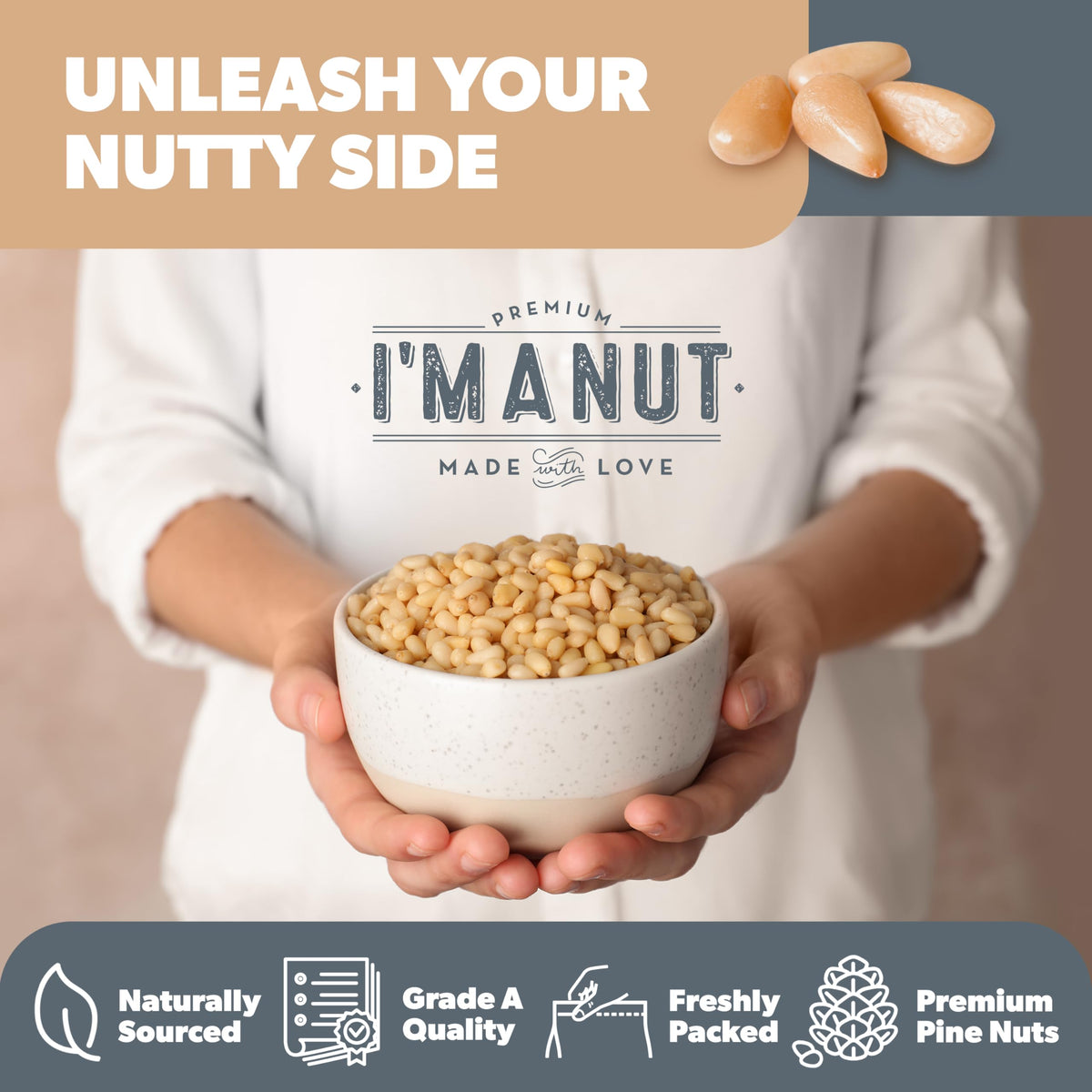 I'm A Nut Premium Raw Pine Nuts 16oz – Gluten & Peanut Free, Non-GMO, Resealable Pouch