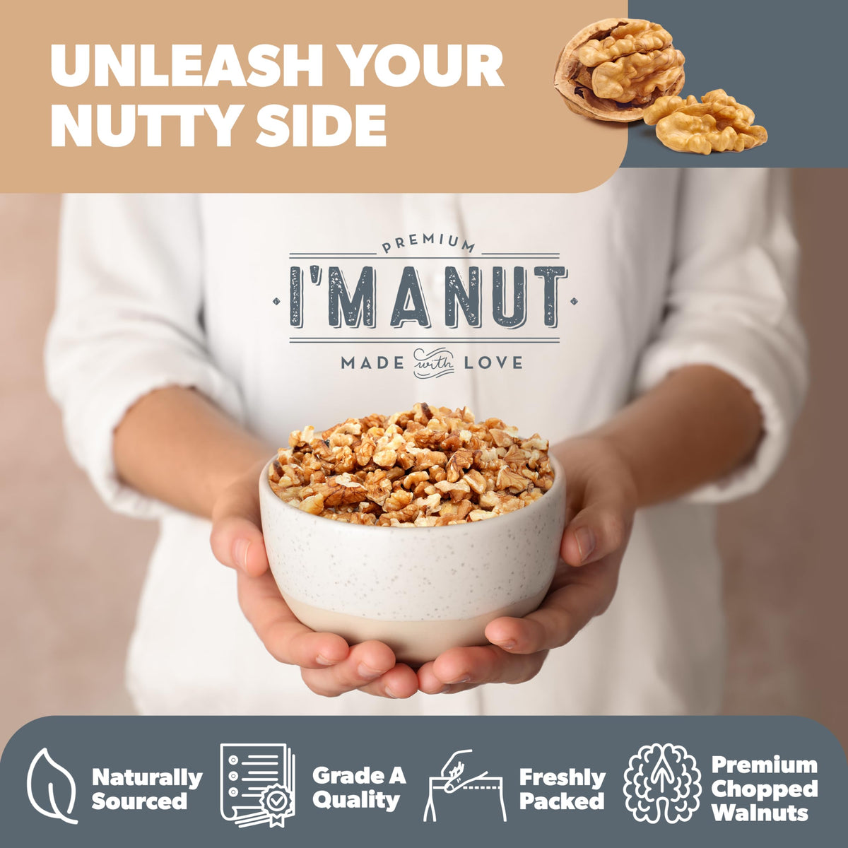 I'm A Nut Premium Raw Chopped Walnuts 32oz (2 lb) – 100% Natural, No-PPO, Non-GMO, Gluten & Peanut Free, Kosher, Small Batch Quality