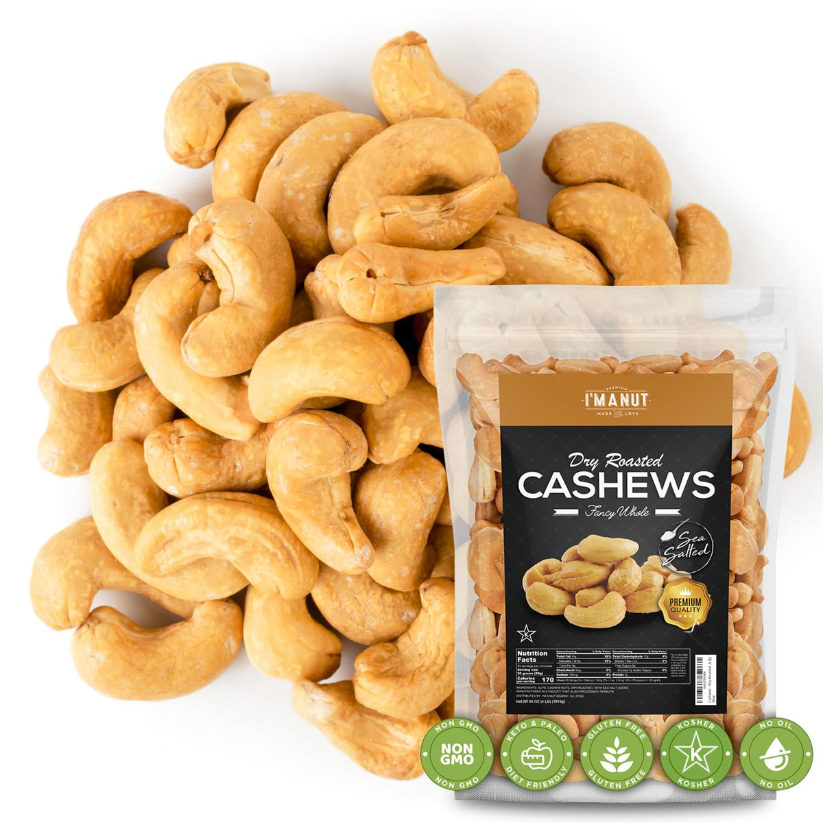 I'm A Nut Oven Dry Roasted Fancy Cashews with Sea Salt - 32 oz | Whole Cashews | No Oil | Vegan & Keto Friendly
