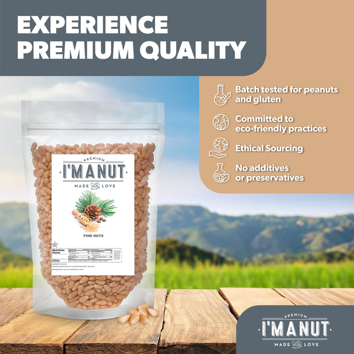 I'm A Nut Premium Raw Pine Nuts 16oz – Gluten & Peanut Free, Non-GMO, Resealable Pouch