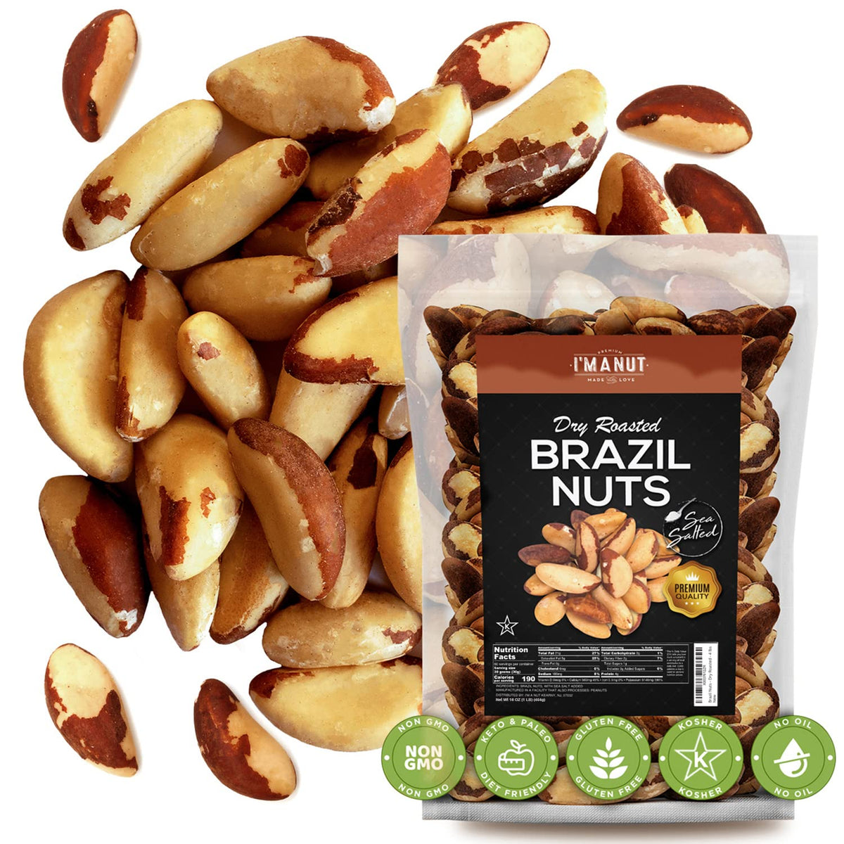 I'm A Nut Premium Wild Harvested Dry Roasted Brazil Nuts with Sea Salt – 1 lb, Gluten Free, Non-GMO, Kosher
