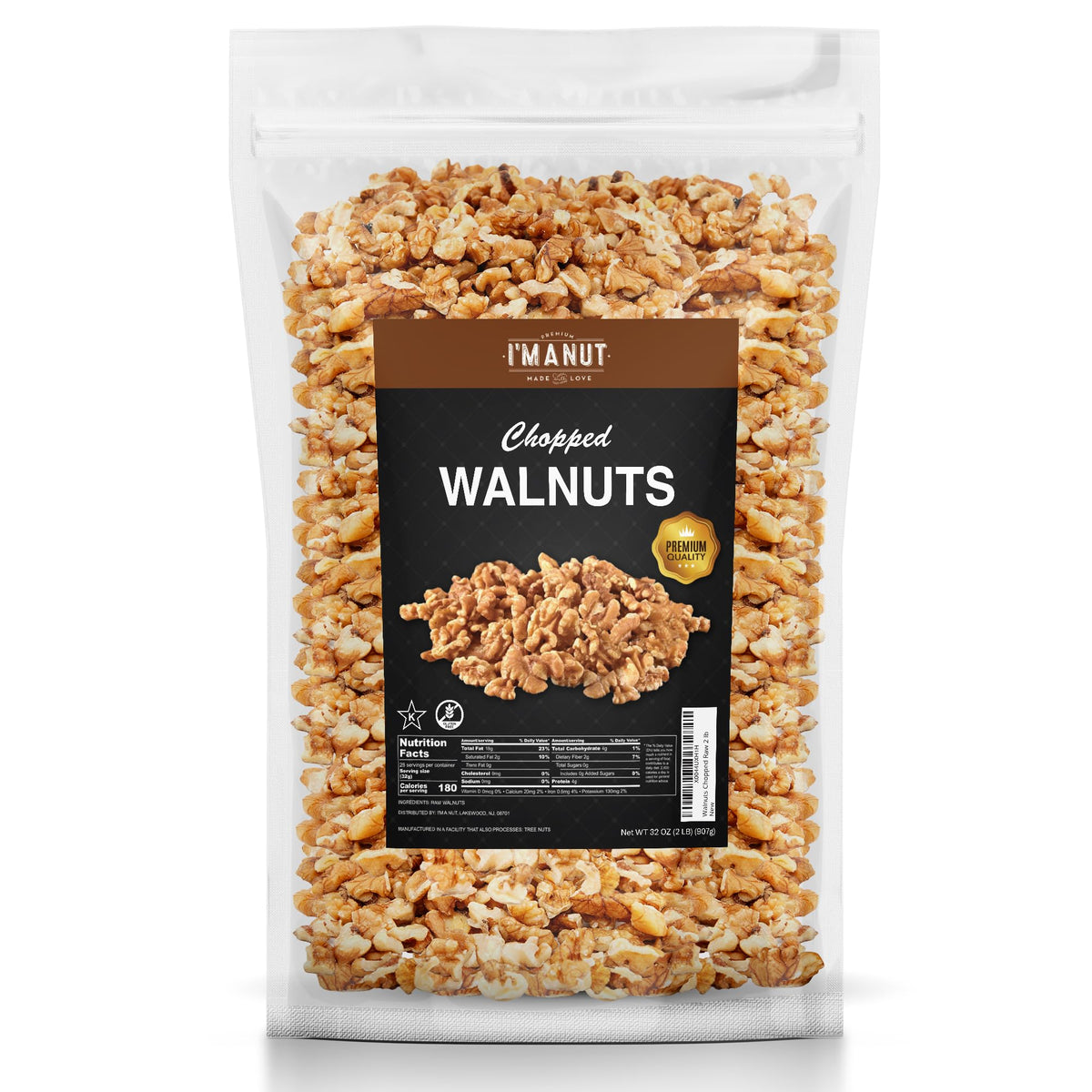 I'm A Nut Premium Raw Chopped Walnuts 32oz (2 lb) – 100% Natural, No-PPO, Non-GMO, Gluten & Peanut Free, Kosher, Small Batch Quality