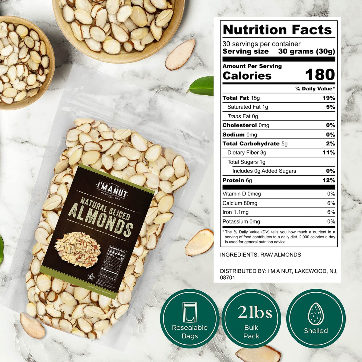 I'm A Nut Premium Raw Unsalted Sliced Almonds 32oz (2 lb) | Gluten & Peanut Free, Non-GMO, Unblanched