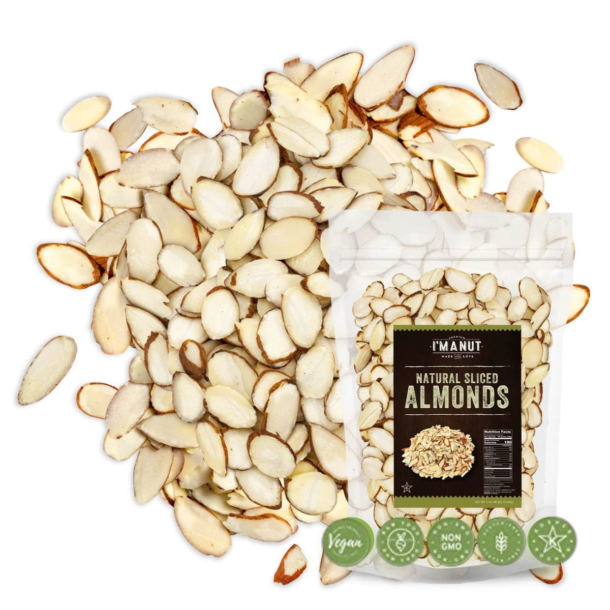 I'm A Nut Premium Raw Unsalted Sliced Almonds 32oz (2 lb) | Gluten & Peanut Free, Non-GMO, Unblanched