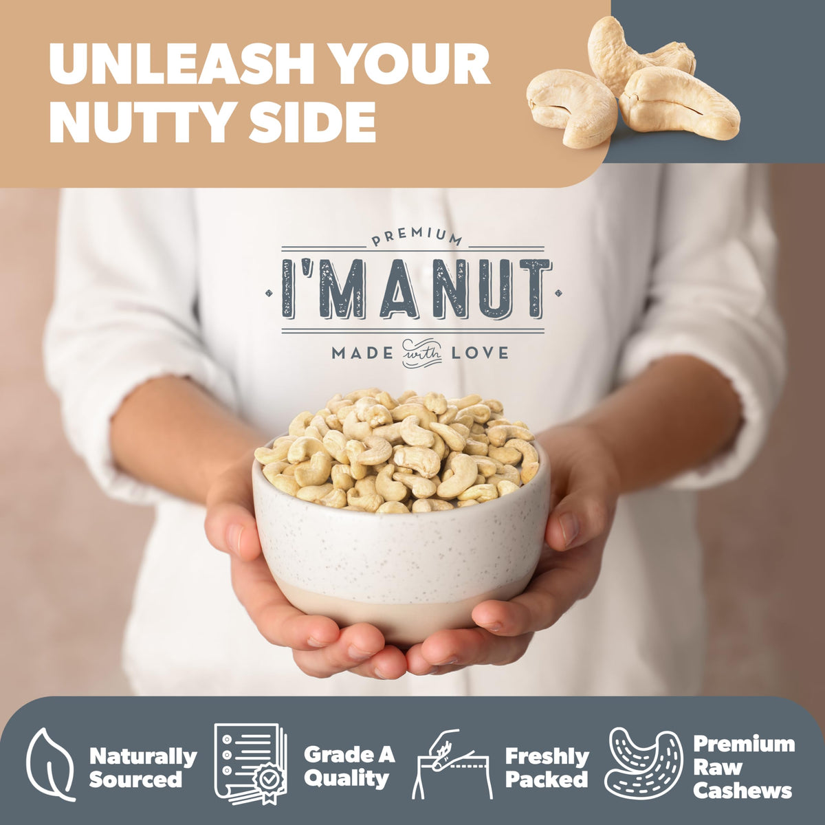 I'm A Nut Premium Raw Cashews – 32oz, Unsalted, Non-GMO, Gluten & Peanut Free, Resealable Pouch