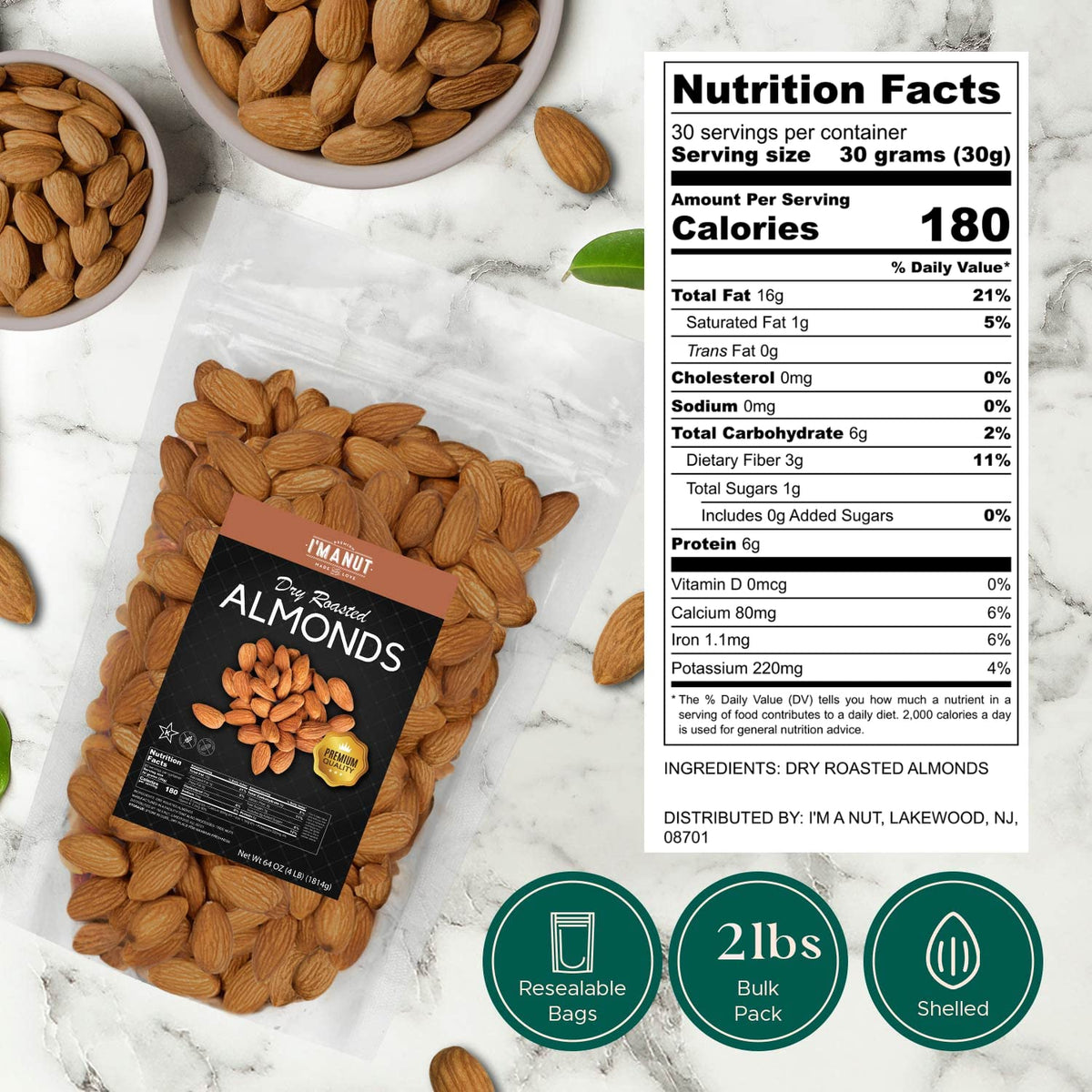 I'm A Nut Dry Roasted Almonds Unsalted — 32oz, Gluten & Peanut Free, No Oil, Non-GMO
