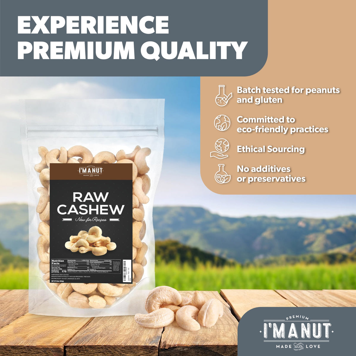 I'm A Nut Premium Raw Cashews – 32oz, Unsalted, Non-GMO, Gluten & Peanut Free, Resealable Pouch