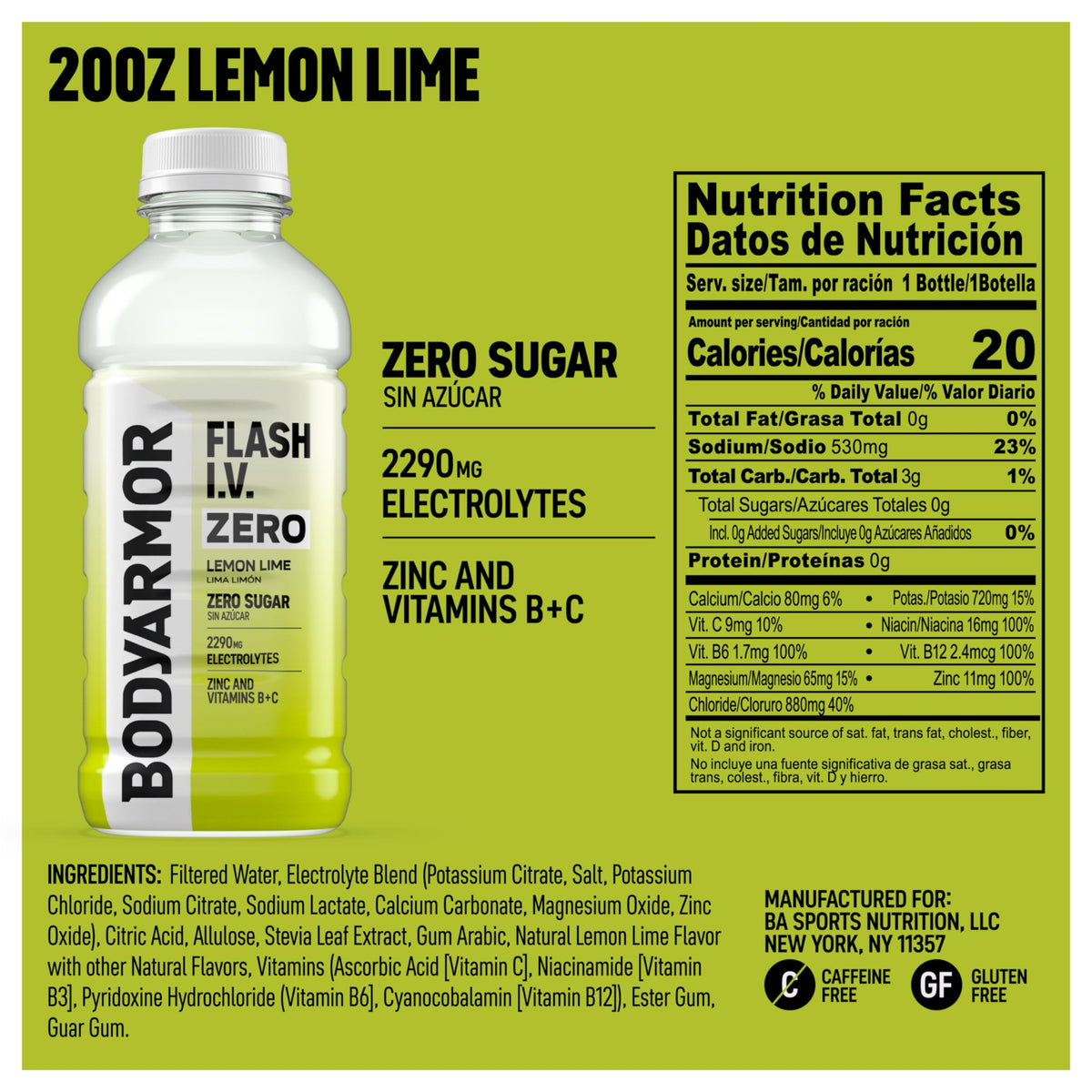 BODYARMOR Flash I.V. Zero Sugar Lemon Lime Electrolyte Beverage – 20 oz, 12-pack