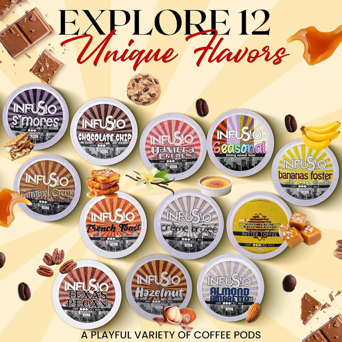 InfuSio Flavored Coffee Pods Variety Pack – 48 Cups, 12 Gourmet Medium Roast Dessert-Inspired Flavors, Keurig K-Cup 2.0 Compatible