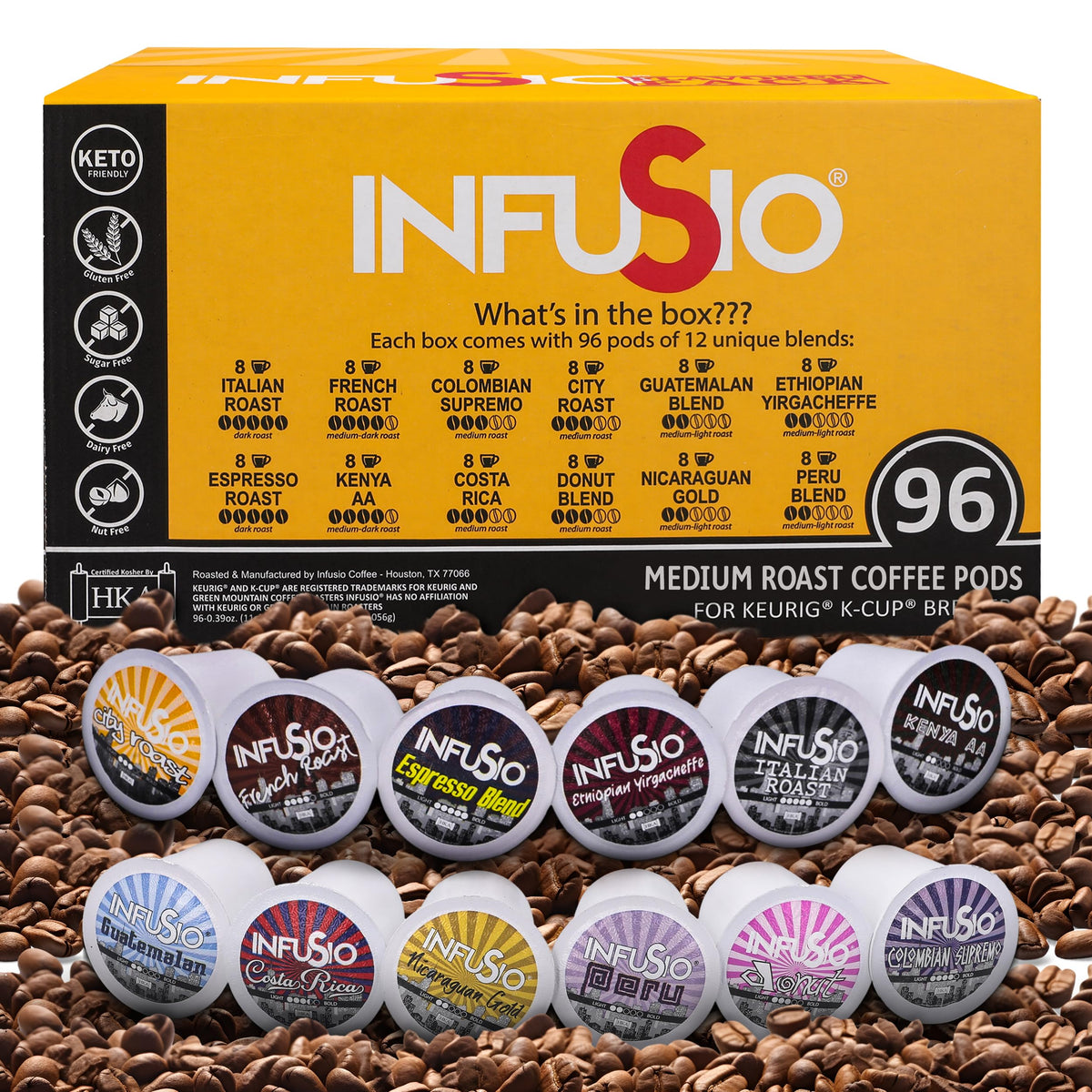 InfuSio Coffee Pods Variety Pack – 96 Count, 12 Premium Blends, Keurig Compatible