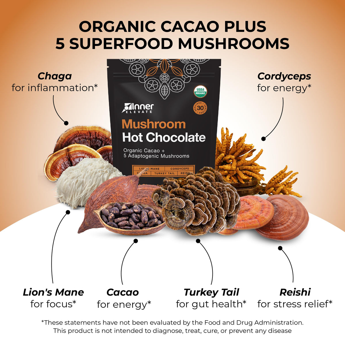 Inner Elevate Organic Mushroom Hot Chocolate - Ceremonial Cacao & 5 Adaptogens