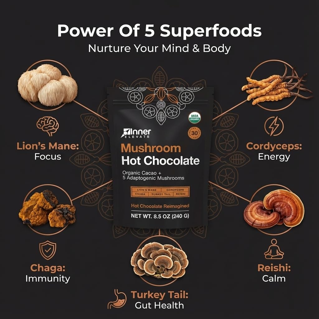 Inner Elevate Mushroom Hot Chocolate Superfood – Ceremonial Cacao & 5 Mushrooms (Lion's Mane, Cordyceps, Chaga, Reishi, Turkey Tail) – Coffee Alternative (30 Servings)