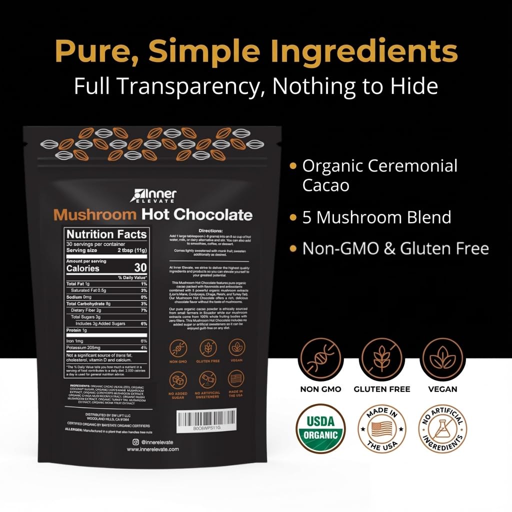 Inner Elevate Mushroom Hot Chocolate Superfood – Ceremonial Cacao & 5 Mushrooms (Lion's Mane, Cordyceps, Chaga, Reishi, Turkey Tail) – Coffee Alternative (30 Servings)