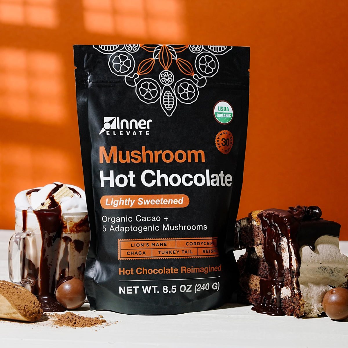 Inner Elevate Mushroom Hot Chocolate Superfood – Ceremonial Cacao & 5 Mushrooms (Lion's Mane, Cordyceps, Chaga, Reishi, Turkey Tail) – Coffee Alternative (30 Servings)
