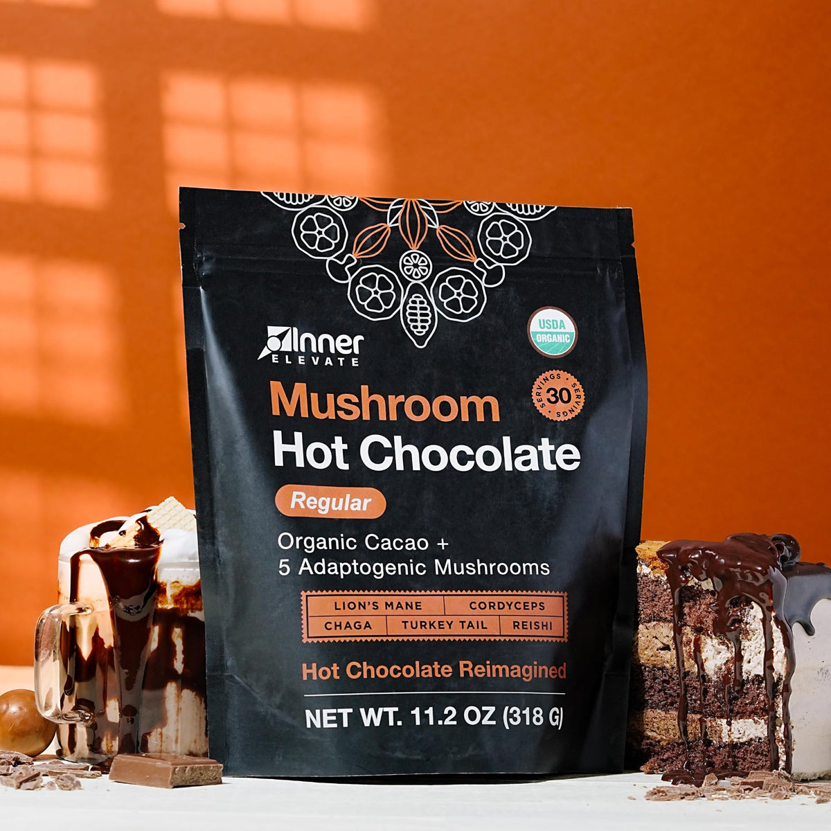 Inner Elevate Organic Mushroom Hot Chocolate - Ceremonial Cacao & 5 Adaptogens
