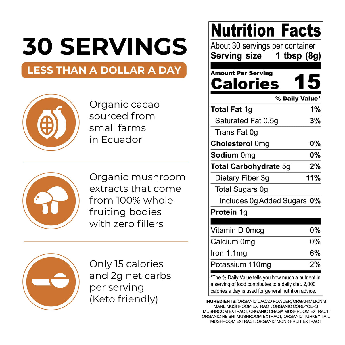 Inner Elevate Mushroom Hot Chocolate Superfood – Ceremonial Cacao & 5 Mushrooms (Lion's Mane, Cordyceps, Chaga, Reishi, Turkey Tail) – Coffee Alternative (30 Servings)