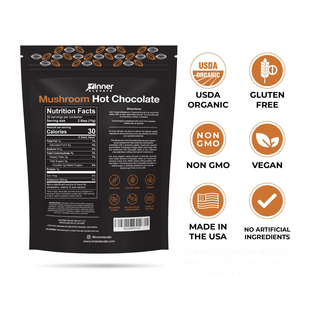 Inner Elevate Organic Mushroom Hot Chocolate - Ceremonial Cacao & 5 Adaptogens