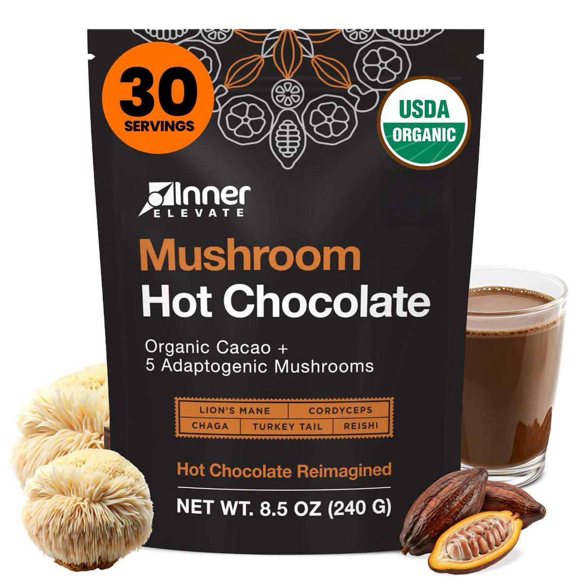 Inner Elevate Mushroom Hot Chocolate Superfood – Ceremonial Cacao & 5 Mushrooms (Lion's Mane, Cordyceps, Chaga, Reishi, Turkey Tail) – Coffee Alternative (30 Servings)
