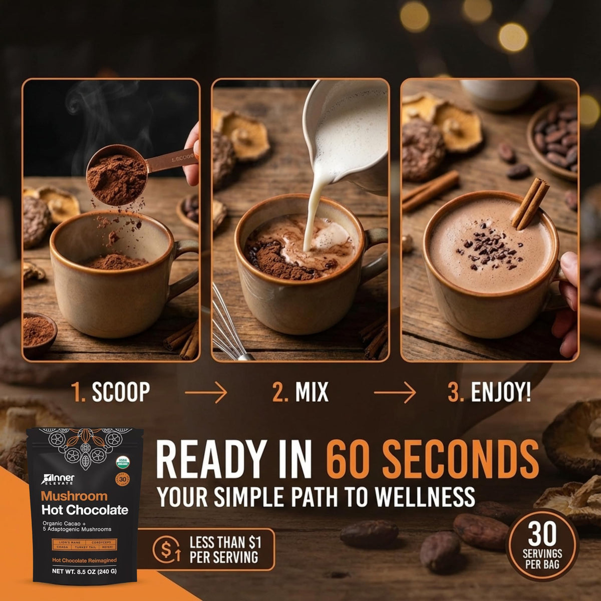Inner Elevate Mushroom Hot Chocolate Superfood – Ceremonial Cacao & 5 Mushrooms (Lion's Mane, Cordyceps, Chaga, Reishi, Turkey Tail) – Coffee Alternative (30 Servings)