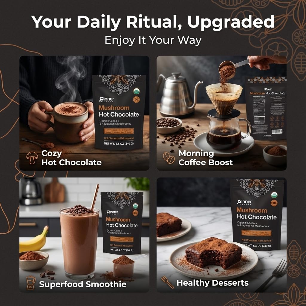 Inner Elevate Mushroom Hot Chocolate Superfood – Ceremonial Cacao & 5 Mushrooms (Lion's Mane, Cordyceps, Chaga, Reishi, Turkey Tail) – Coffee Alternative (30 Servings)