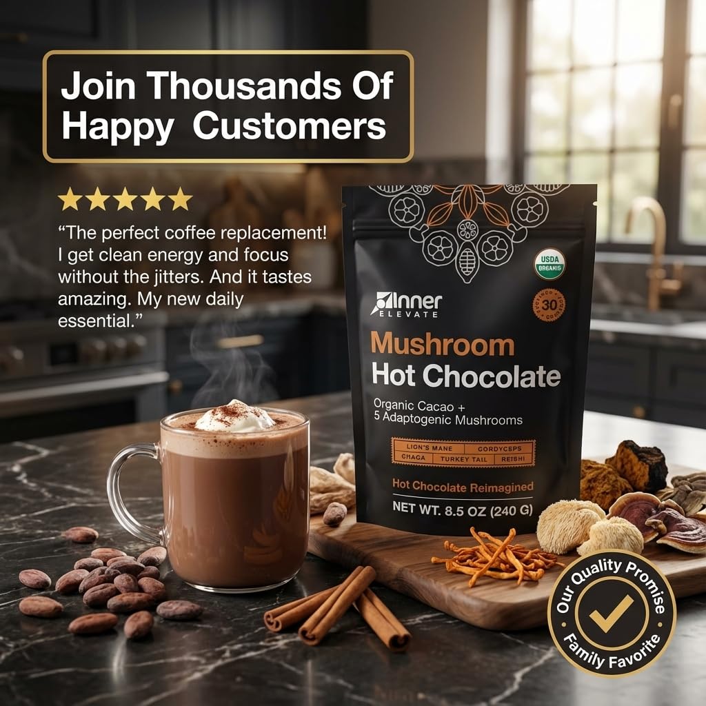 Inner Elevate Mushroom Hot Chocolate Superfood – Ceremonial Cacao & 5 Mushrooms (Lion's Mane, Cordyceps, Chaga, Reishi, Turkey Tail) – Coffee Alternative (30 Servings)