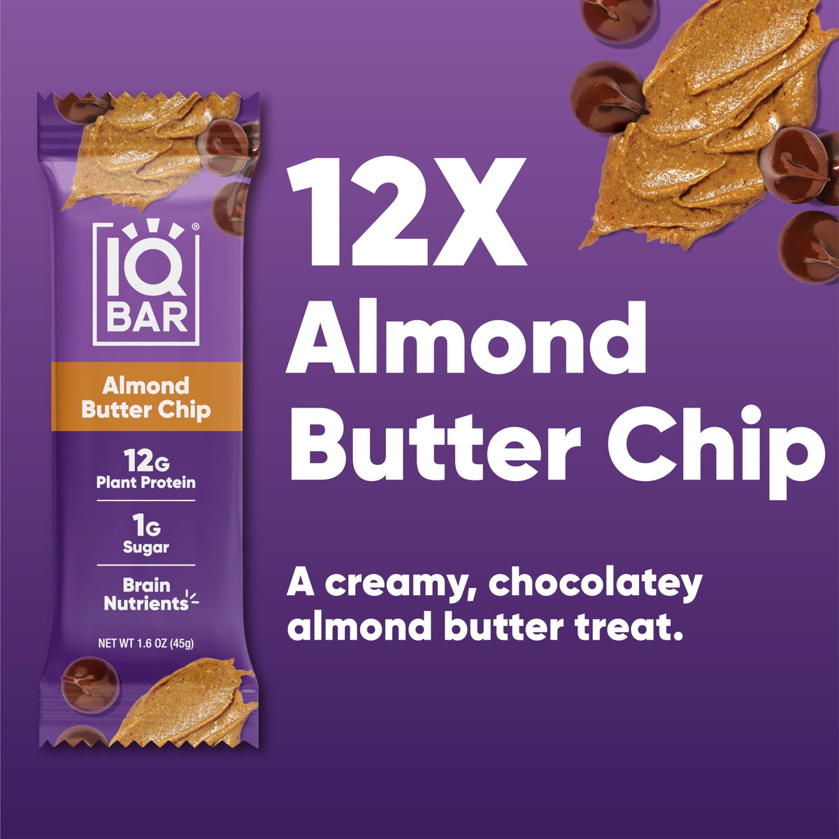 IQBAR Clean Plant Protein Bars - Almond Butter Chip | 12 Count | Keto, Vegan, High Fiber, Gluten & Dairy Free