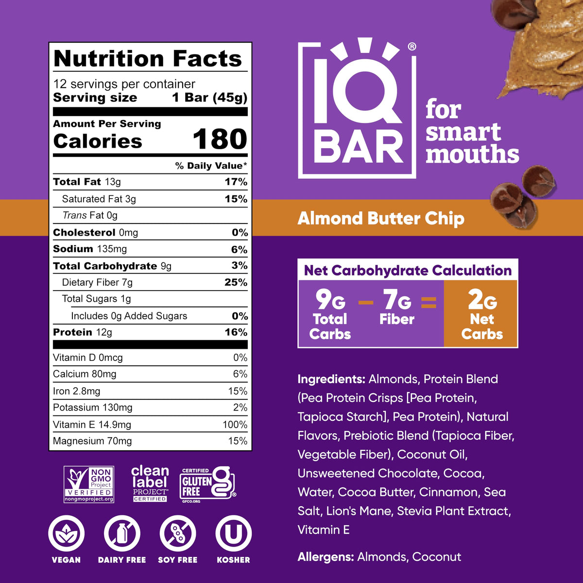 IQBAR Clean Plant Protein Bars - Almond Butter Chip | 12 Count | Keto, Vegan, High Fiber, Gluten & Dairy Free