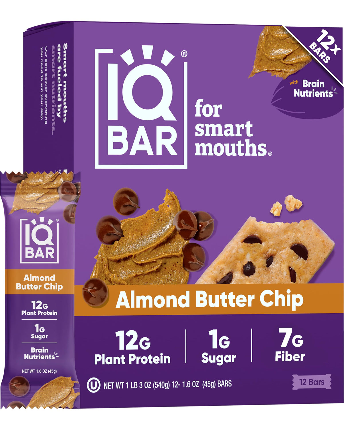 IQBAR Clean Plant Protein Bars - Almond Butter Chip | 12 Count | Keto, Vegan, High Fiber, Gluten & Dairy Free