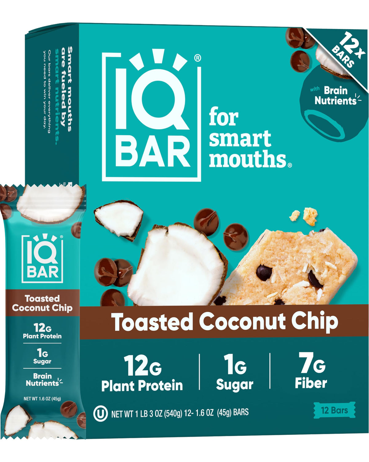 IQBAR Clean Plant Protein Bars - Toasted Coconut Chip (12 Count) - Keto & Vegan