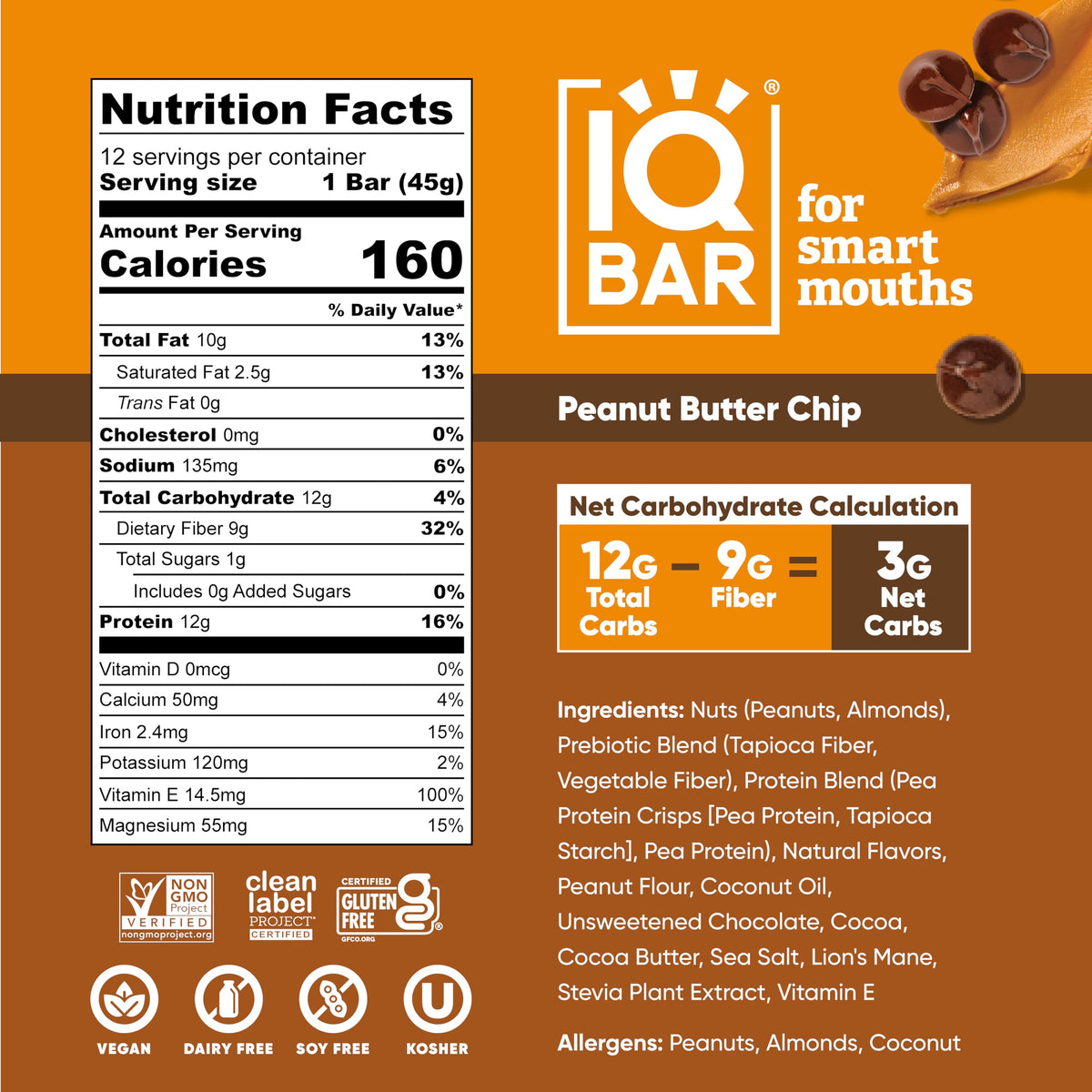 IQBAR Clean Plant Protein Bars: Peanut Butter Chip - Keto & Vegan