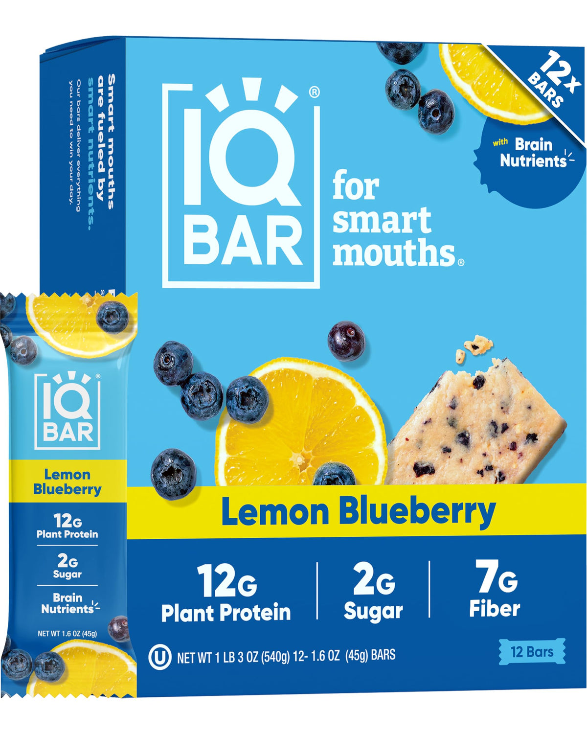 IQBAR Clean Plant Protein Bars – Lemon Blueberry (12 Count) | Keto, Vegan, High Fiber, Gluten & Dairy Free
