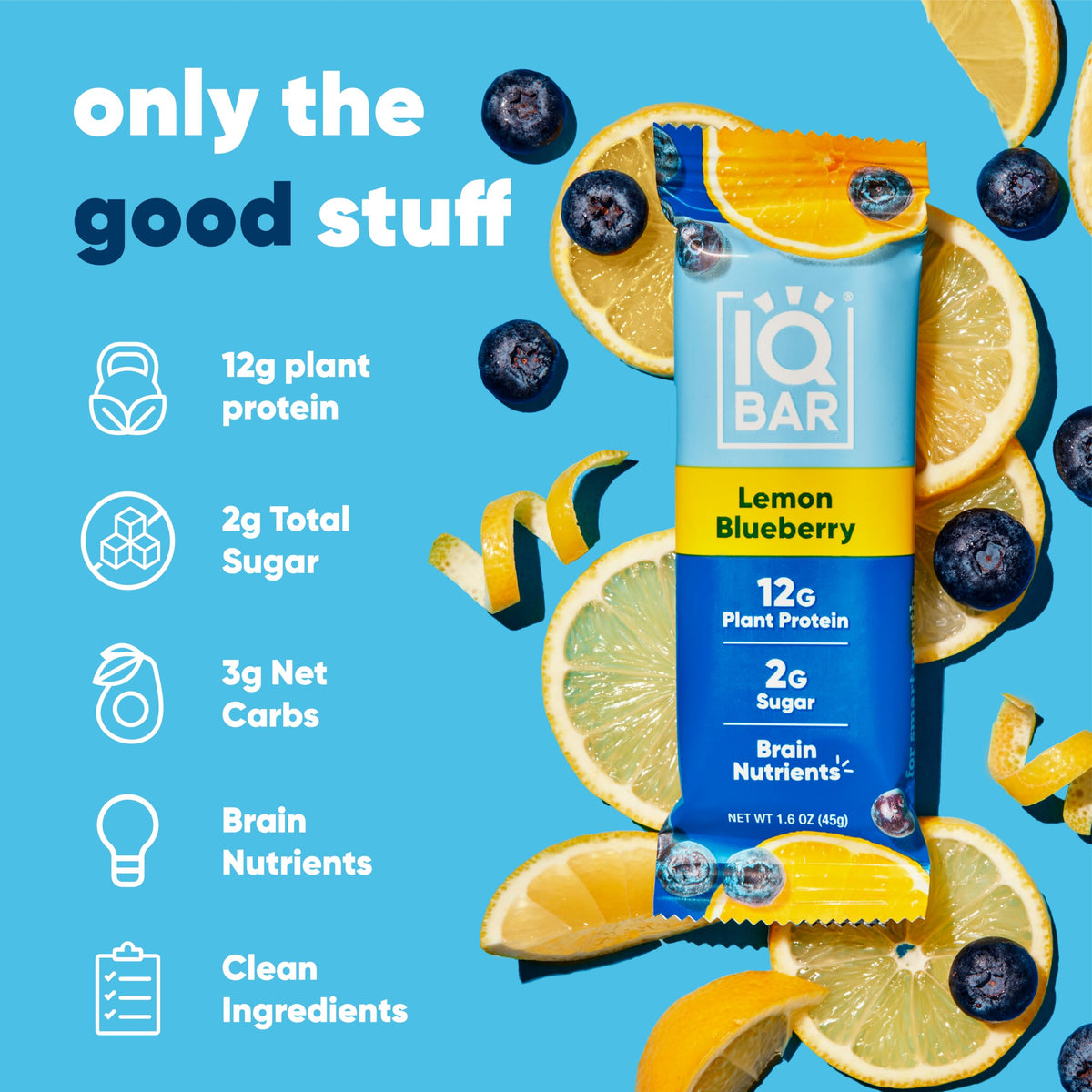 IQBAR Clean Plant Protein Bars – Lemon Blueberry (12 Count) | Keto, Vegan, High Fiber, Gluten & Dairy Free