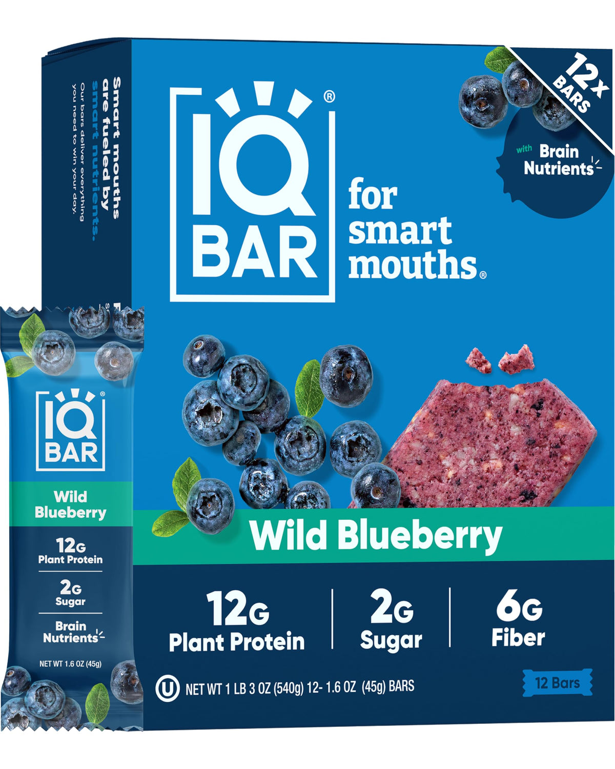 IQBAR Clean Plant Protein Bars - Wild Blueberry | Keto, Vegan, Gluten & Dairy Free, 12 Count