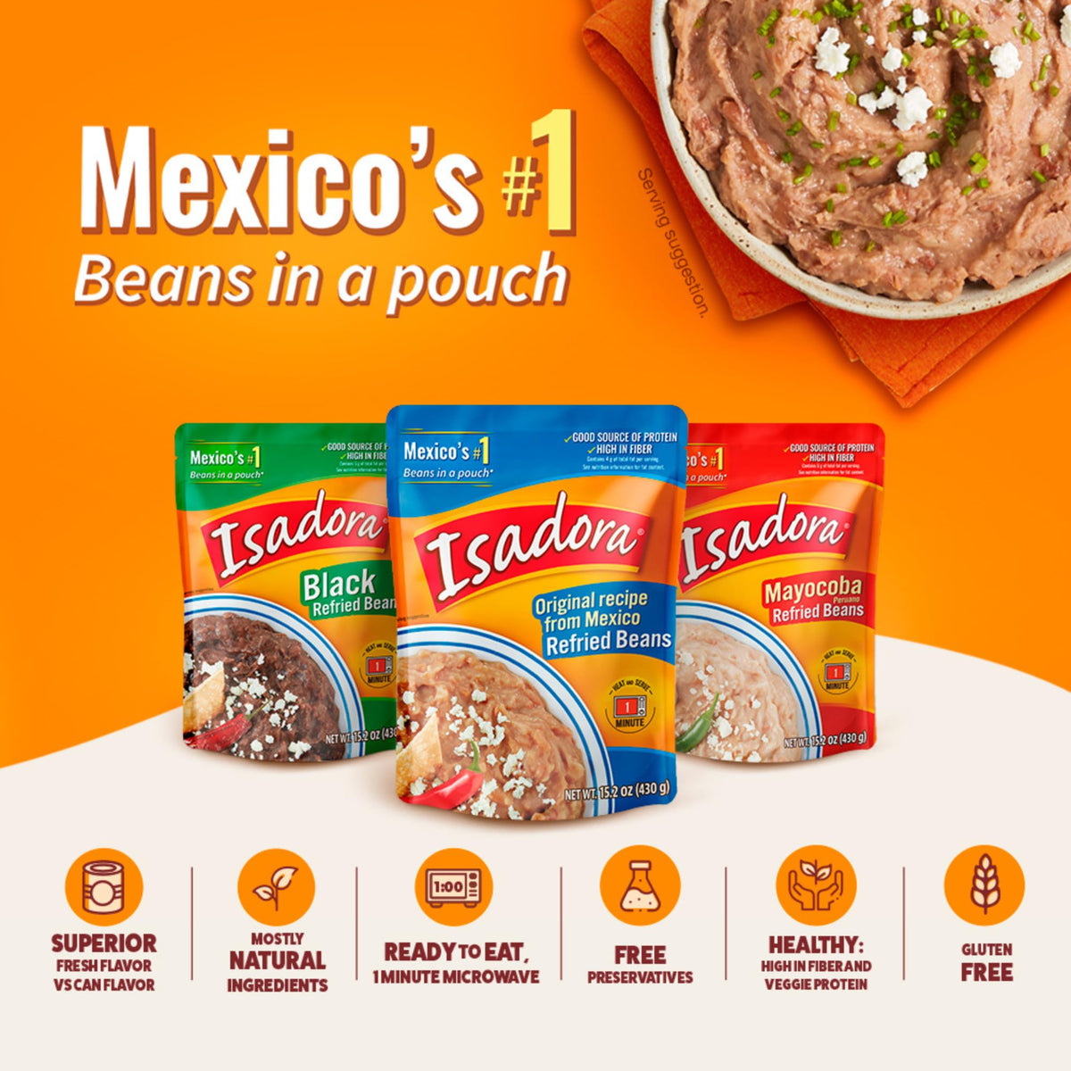 Isadora Original Refried Beans in Pouch – 14-Pack, Pinto Beans, 12.3 oz Each