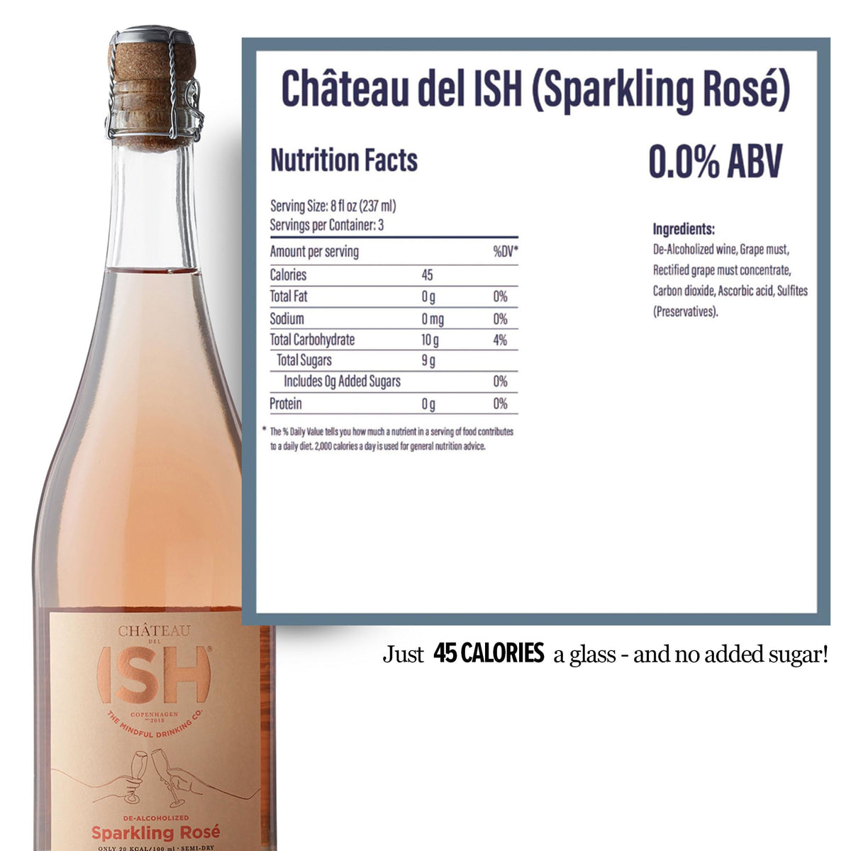 ISH Chateau del ISH Sparkling Non-Alcoholic Rosé – De-Alcoholized Pinot Noir & Merlot, Low-Cal, Gluten-Free, 750 ml