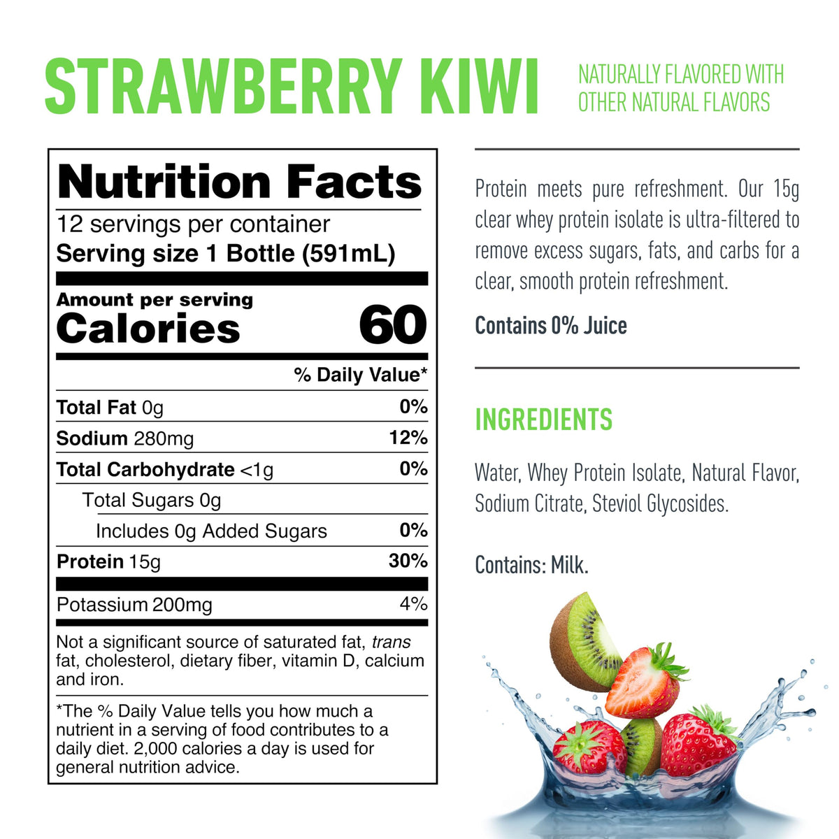 Isopure Clear Protein Water with Electrolytes — 15g Whey, Zero Sugar, Strawberry Kiwi