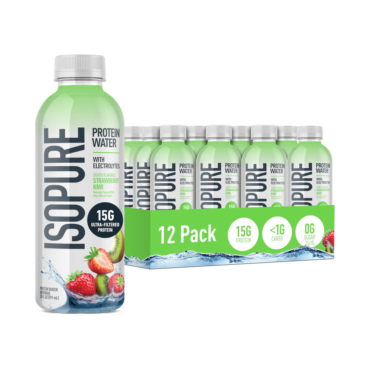 Isopure Clear Protein Water with Electrolytes — 15g Whey, Zero Sugar, Strawberry Kiwi