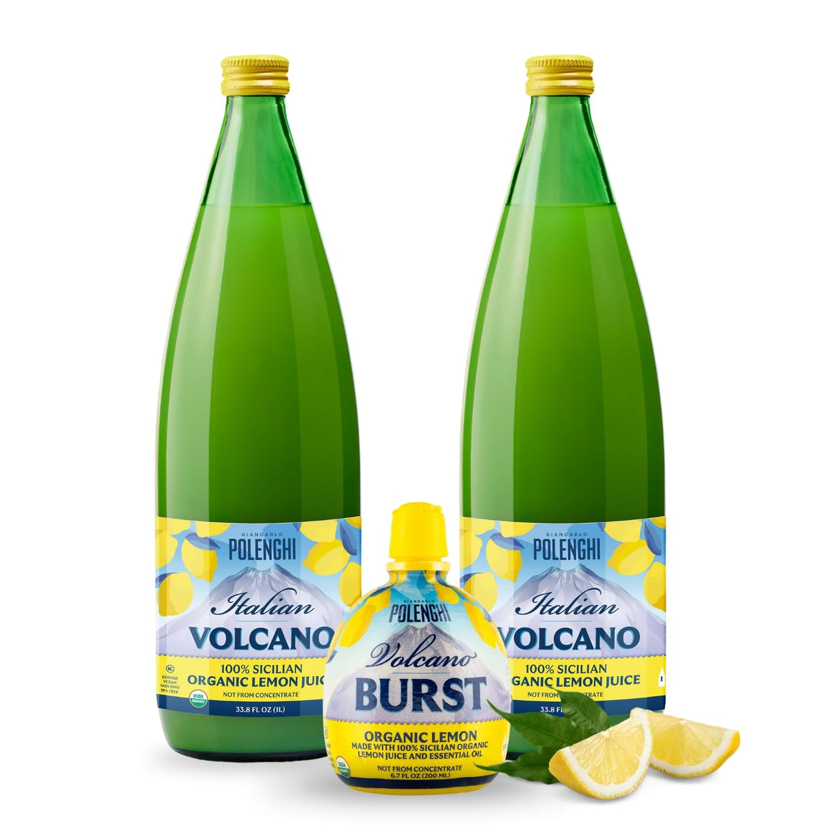 Italian Volcano Organic Lemon Juice – 2 x 33.8 oz Glass Bottles | 100% Sicilian Lemon, Certified Organic