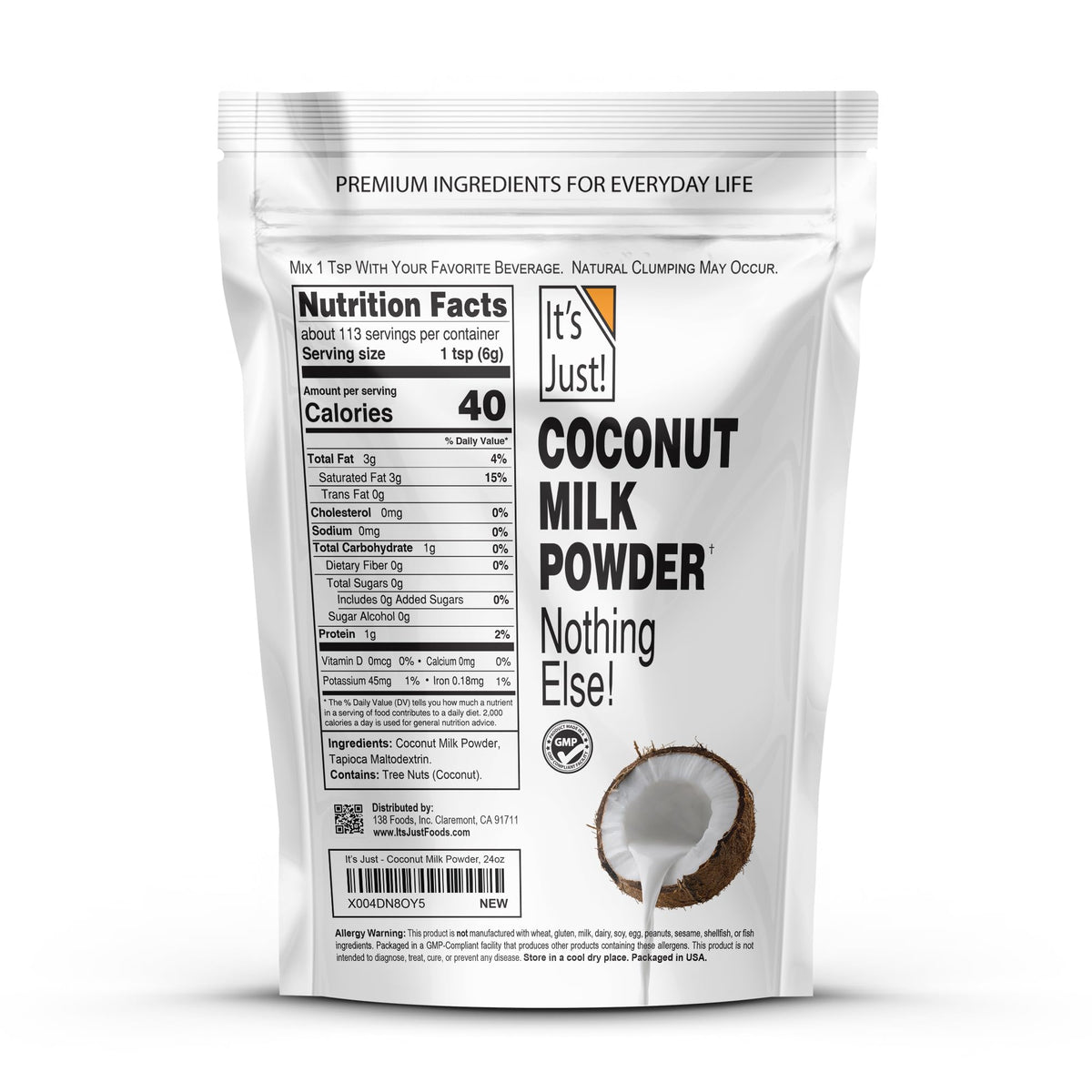 It's Just! Coconut Milk Powder – Dairy-Free, Keto Friendly, 24oz, Non-GMO, Sri Lanka