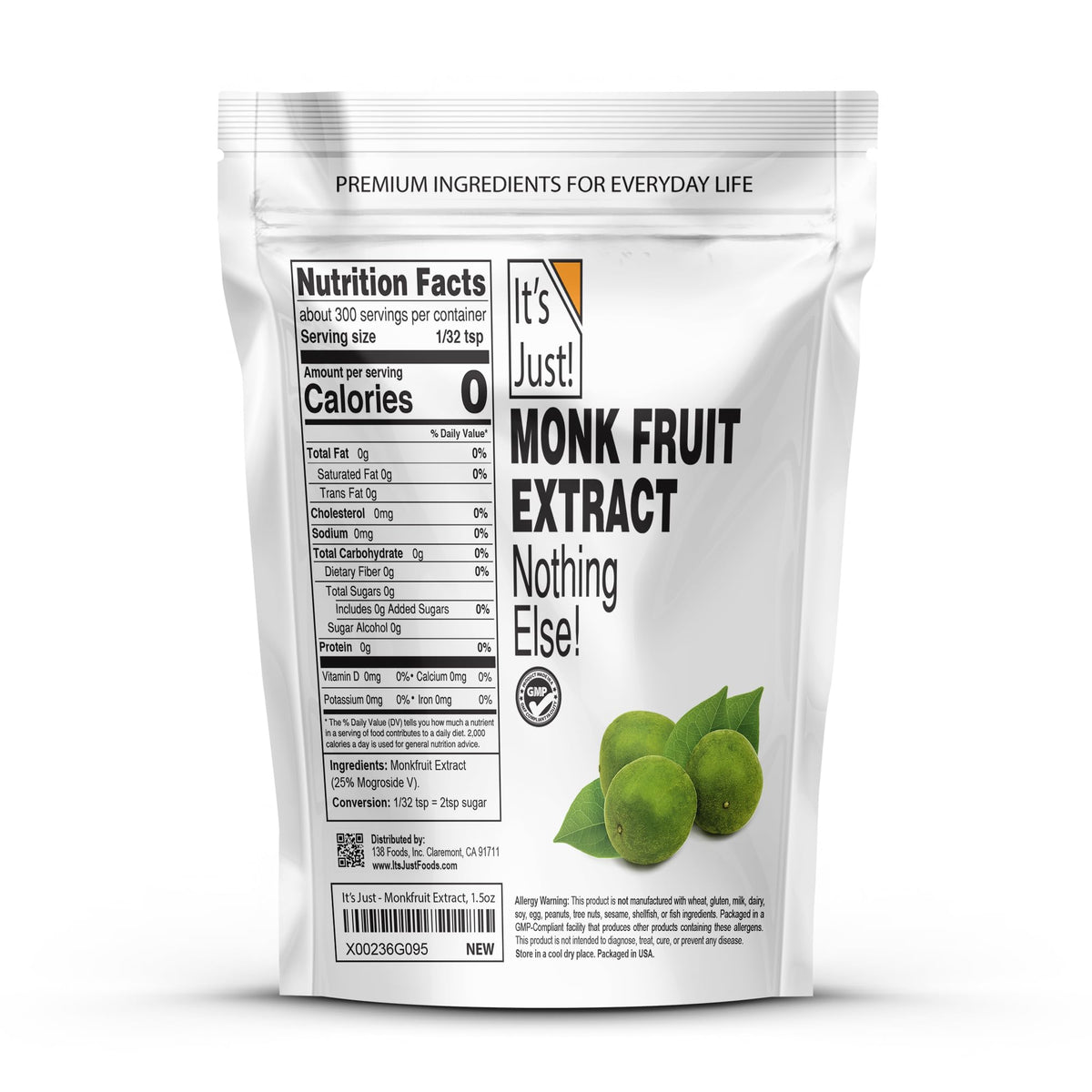 Its Just! 100% Monkfruit Extract Powder - Zero-Calorie Keto Sweetener (25% Mogroside V) - 1.5oz / 42g