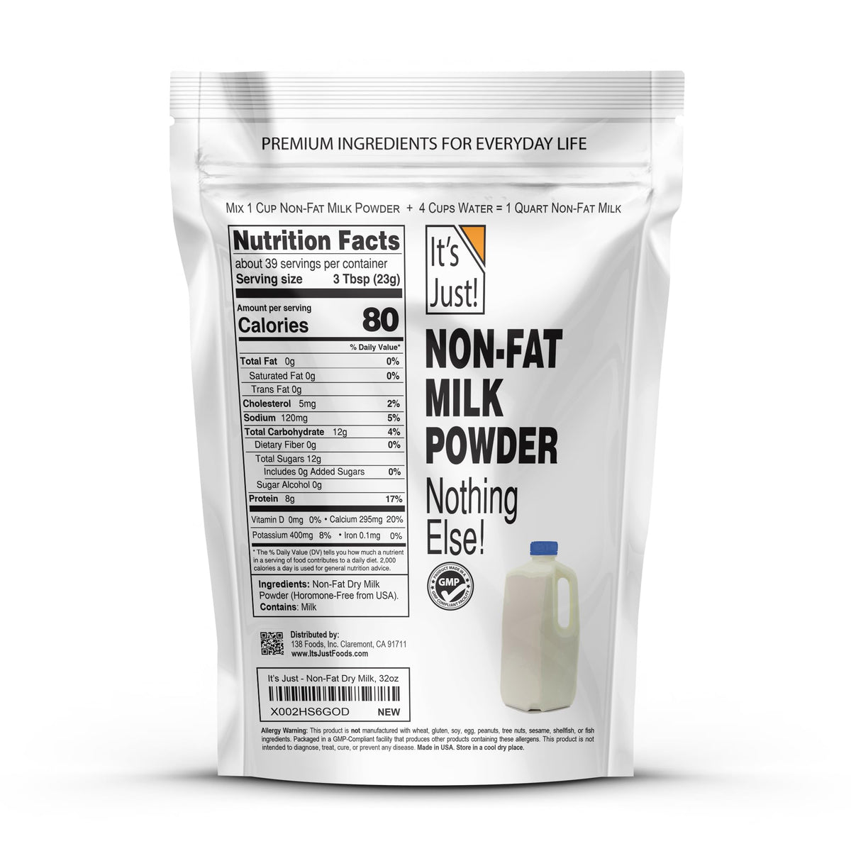It's Just! Powdered Non-Fat Milk – Shelf-Stable, Hormone-Free, Just Add Water, Makes 1.5+ Gallons