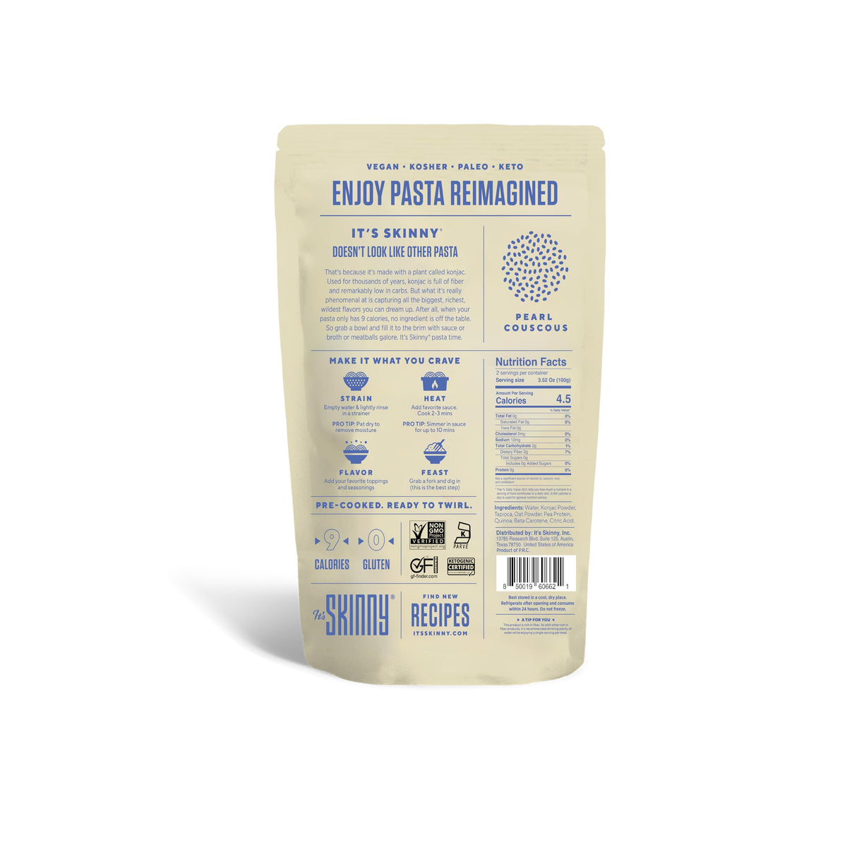 Its Skinny Pearl Couscous – Low Carb Pasta, Gluten Free, Keto & Vegan, 4.5 Cal per Serving, 2-Minute Prep, 6 Packs
