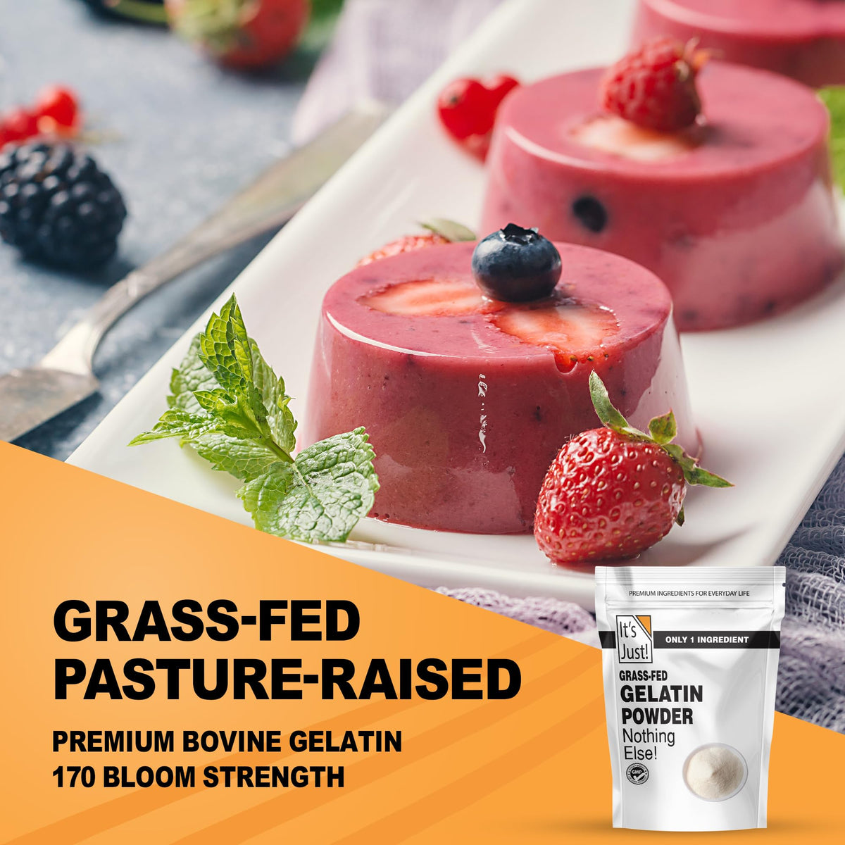 It's Just! 100% Gelatin Powder – Unflavored, Grass-Fed Beef, Heavy Metal Tested, 32oz