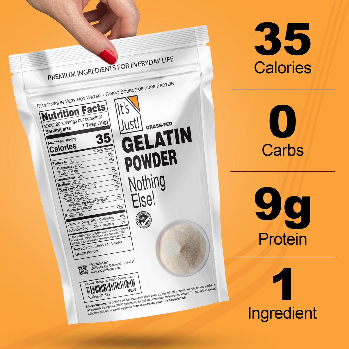 It's Just! 100% Gelatin Powder – Unflavored, Grass-Fed Beef, Heavy Metal Tested, 32oz