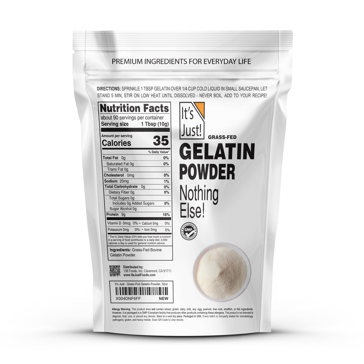 It's Just! 100% Gelatin Powder – Unflavored, Grass-Fed Beef, Heavy Metal Tested, 32oz