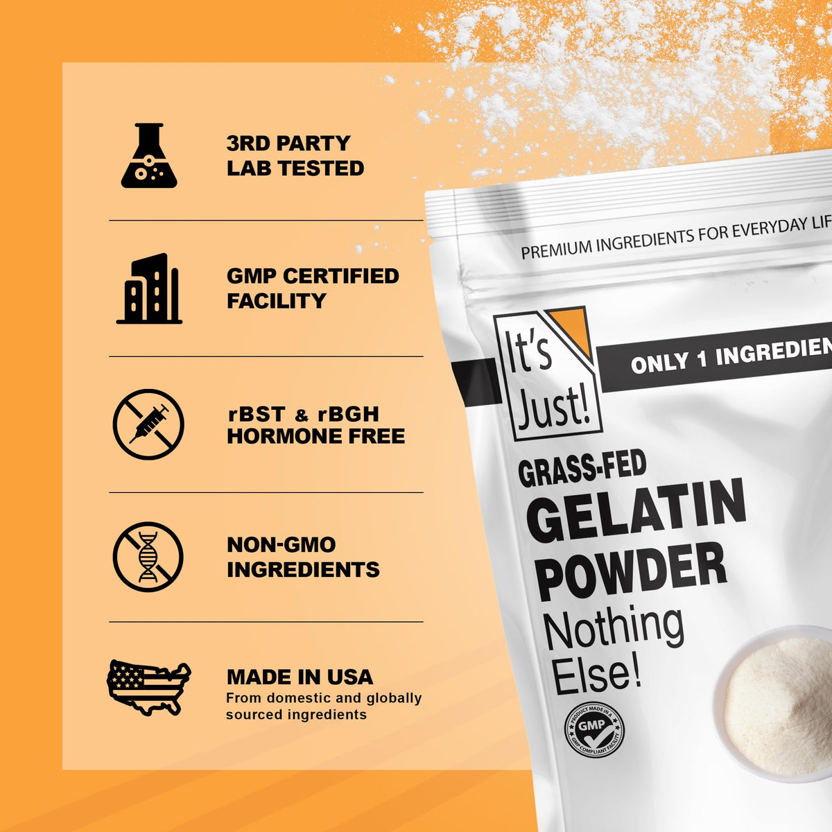 It's Just! 100% Gelatin Powder – Unflavored, Grass-Fed Beef, Heavy Metal Tested, 32oz
